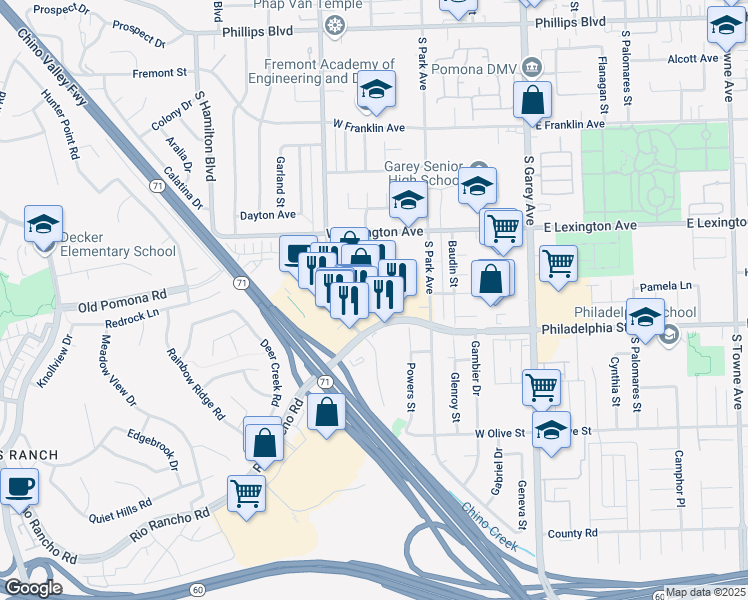 map of restaurants, bars, coffee shops, grocery stores, and more near 25 Rio Rancho Road in Pomona
