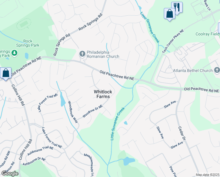 map of restaurants, bars, coffee shops, grocery stores, and more near 545 Woodrow Drive Northeast in Lawrenceville