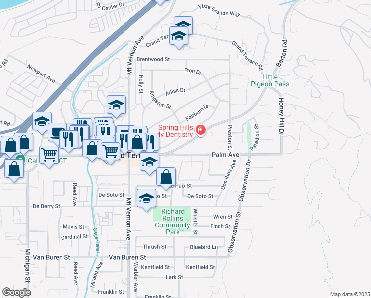 map of restaurants, bars, coffee shops, grocery stores, and more near in Grand Terrace