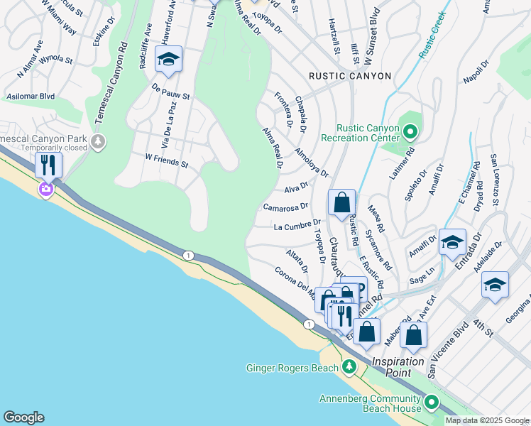 map of restaurants, bars, coffee shops, grocery stores, and more near 14972 Camarosa Drive in Los Angeles