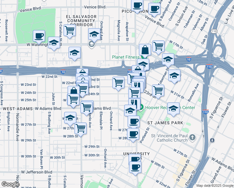 map of restaurants, bars, coffee shops, grocery stores, and more near 1314 West 23rd Street in Los Angeles