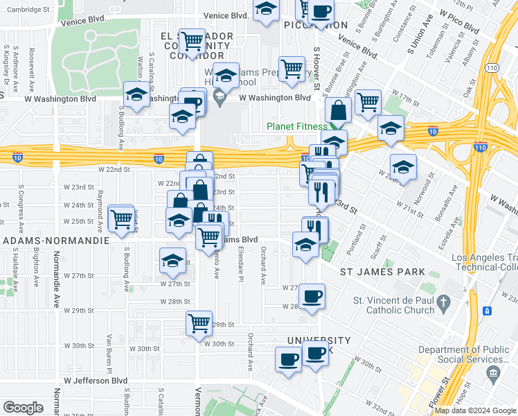 map of restaurants, bars, coffee shops, grocery stores, and more near 1314 West 23rd Street in Los Angeles