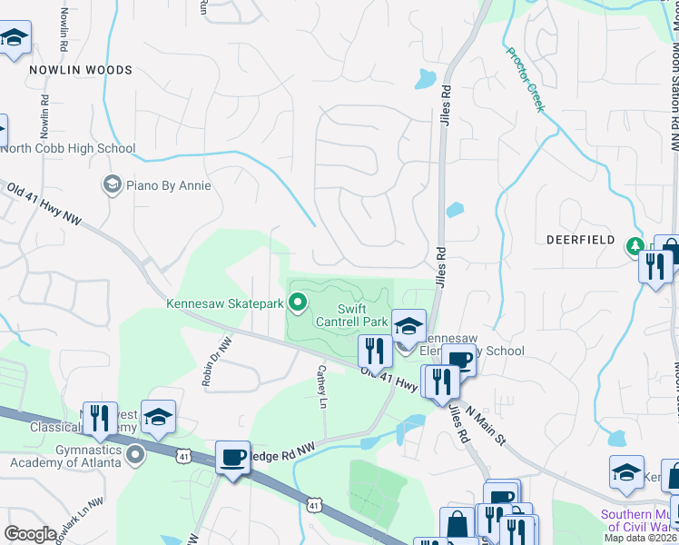 map of restaurants, bars, coffee shops, grocery stores, and more near 3431 English Oaks Drive Northwest in Kennesaw