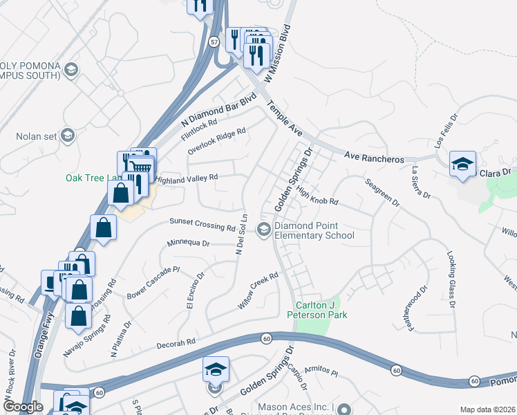 map of restaurants, bars, coffee shops, grocery stores, and more near 834 North Del Sol Lane in Diamond Bar