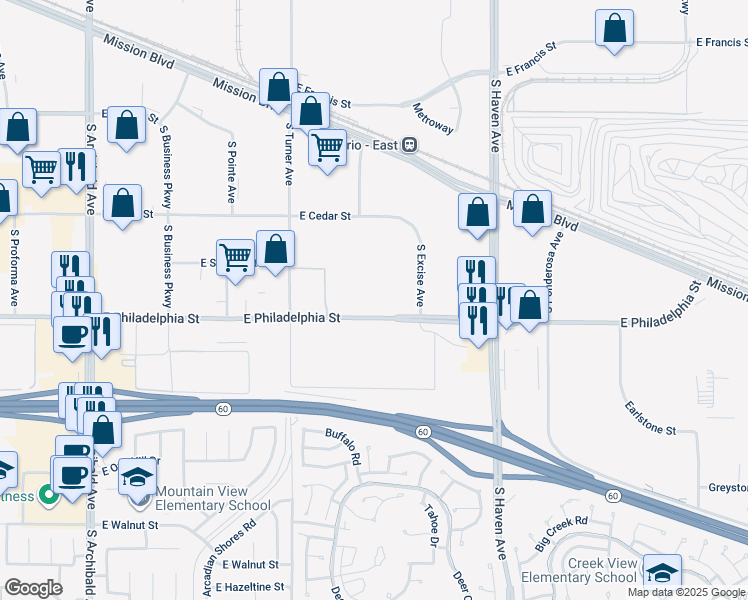 map of restaurants, bars, coffee shops, grocery stores, and more near 3351 East Philadelphia Street in Ontario