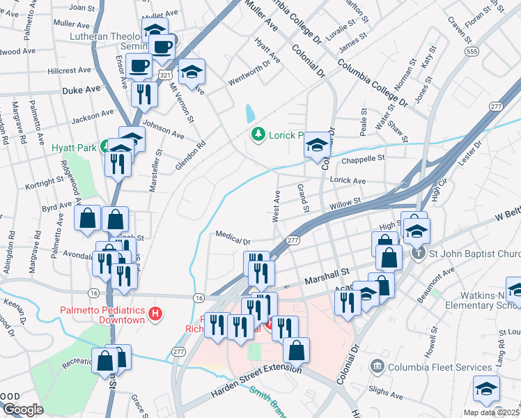 map of restaurants, bars, coffee shops, grocery stores, and more near 3800 West Avenue in Columbia