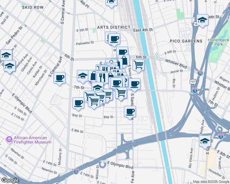map of restaurants, bars, coffee shops, grocery stores, and more near 1917 East 7th Street in Los Angeles