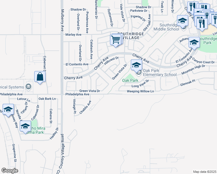 map of restaurants, bars, coffee shops, grocery stores, and more near 13991 Green Vista Drive in Fontana