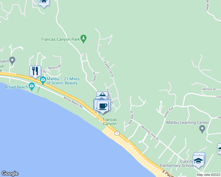map of restaurants, bars, coffee shops, grocery stores, and more near 30724 Manzano Drive in Malibu