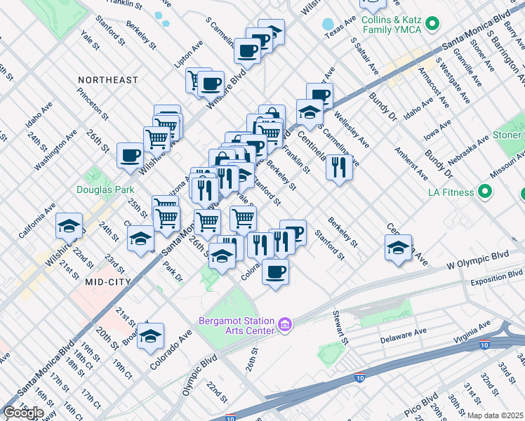 map of restaurants, bars, coffee shops, grocery stores, and more near 1437C Yale Street in Santa Monica