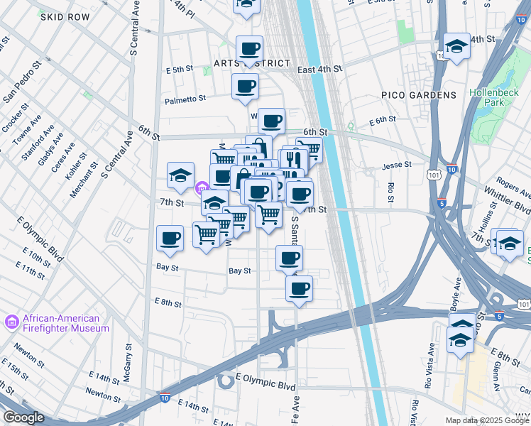 map of restaurants, bars, coffee shops, grocery stores, and more near 2027 East 7th Street in Los Angeles