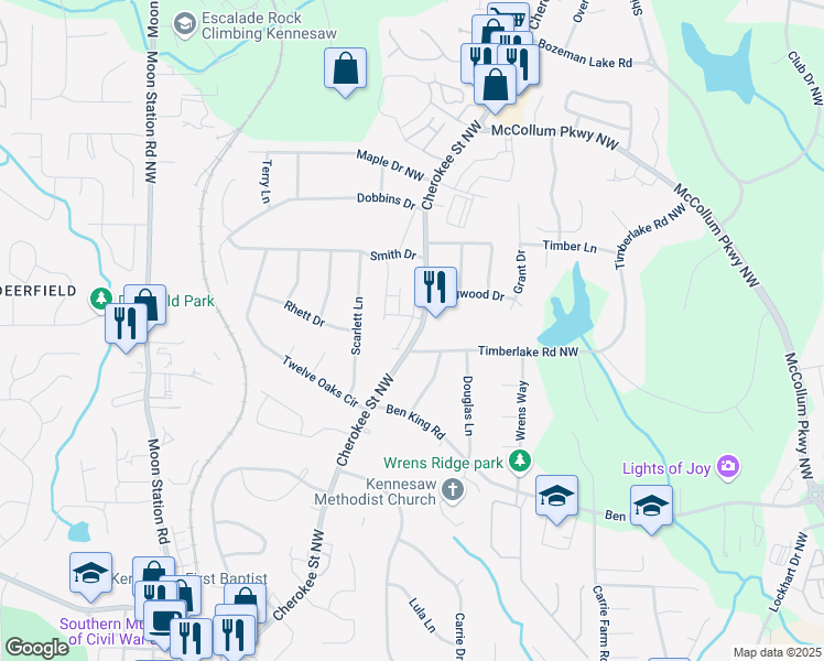 map of restaurants, bars, coffee shops, grocery stores, and more near 3322 Cranston Lane in Kennesaw