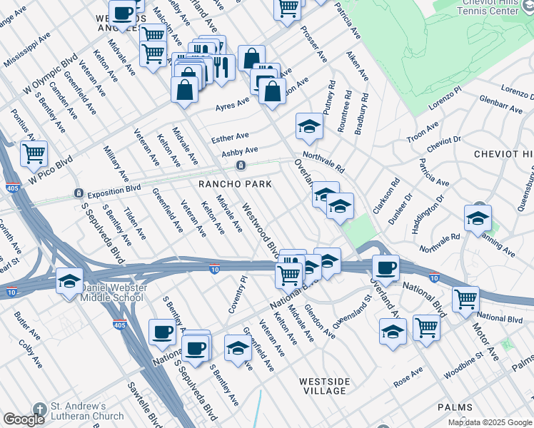 map of restaurants, bars, coffee shops, grocery stores, and more near 2713 Glendon Avenue in Los Angeles