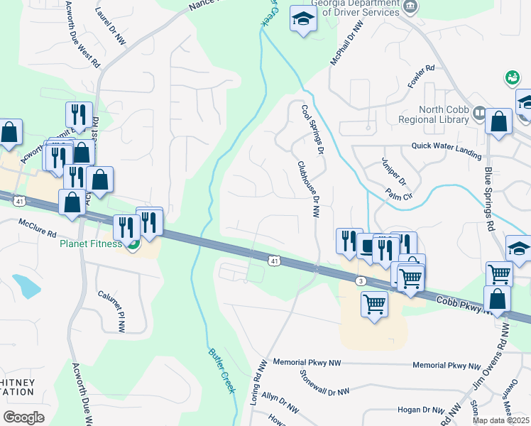 map of restaurants, bars, coffee shops, grocery stores, and more near 111 Park Forest Drive Northwest in Kennesaw