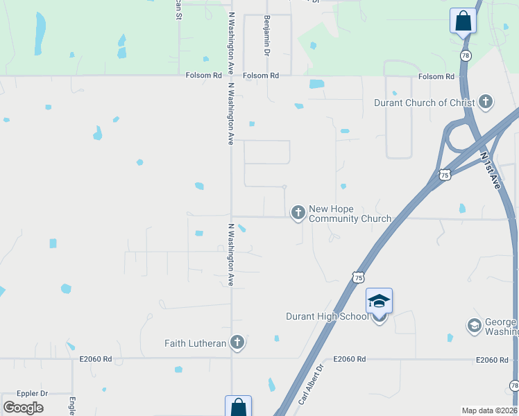 map of restaurants, bars, coffee shops, grocery stores, and more near 1504 Red Bud Lane in Durant