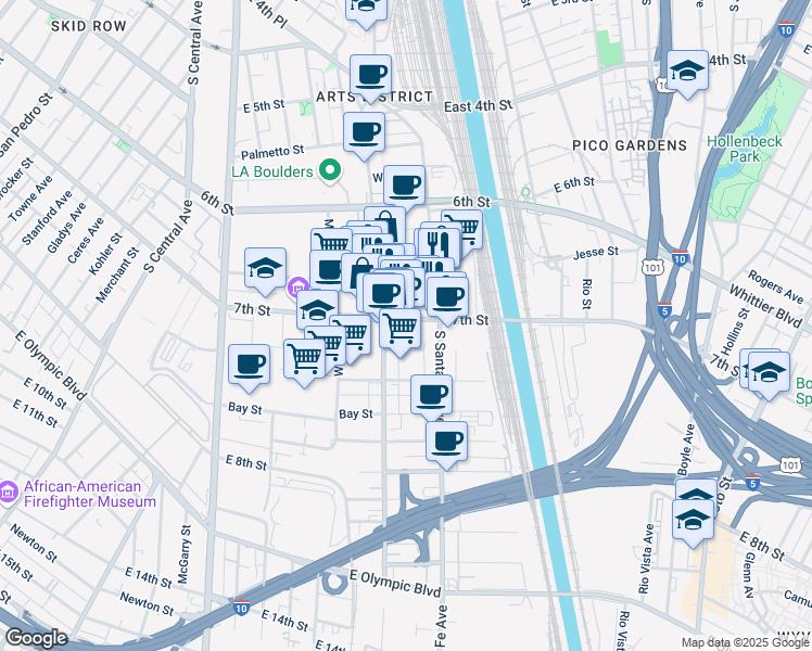 map of restaurants, bars, coffee shops, grocery stores, and more near 2027 East 7th Street in Los Angeles