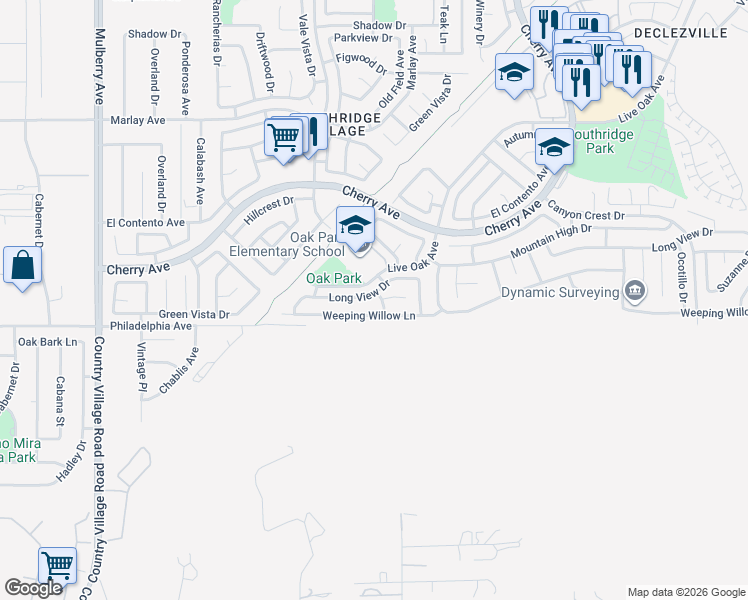 map of restaurants, bars, coffee shops, grocery stores, and more near 14222 Long View Drive in Fontana
