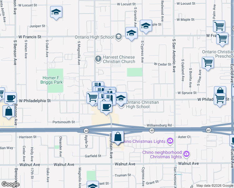 map of restaurants, bars, coffee shops, grocery stores, and more near 2121 South Palmetto Avenue in Ontario