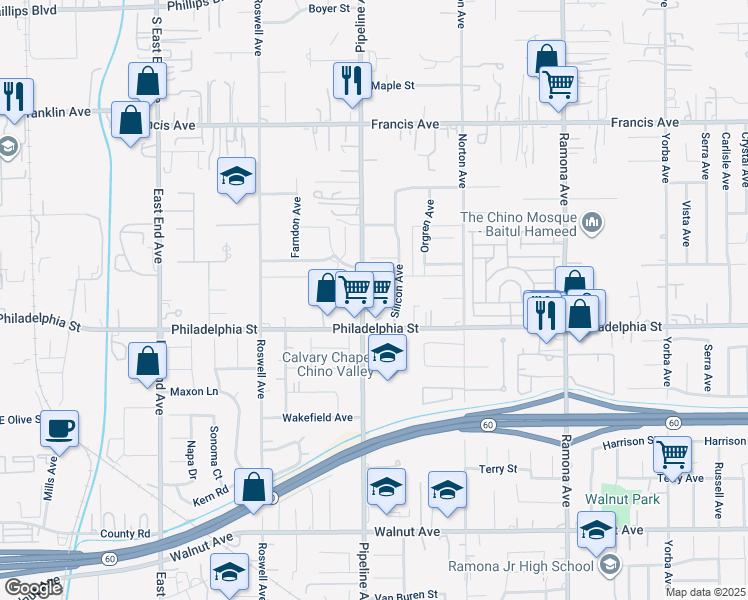 map of restaurants, bars, coffee shops, grocery stores, and more near 12015 Pipeline Avenue in Chino