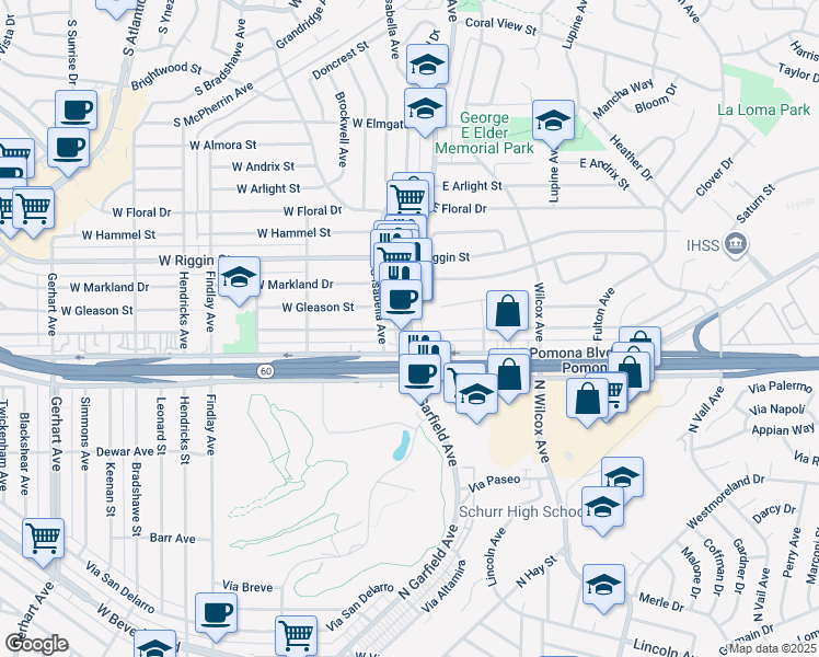 map of restaurants, bars, coffee shops, grocery stores, and more near 201 East Gleason Street in Monterey Park