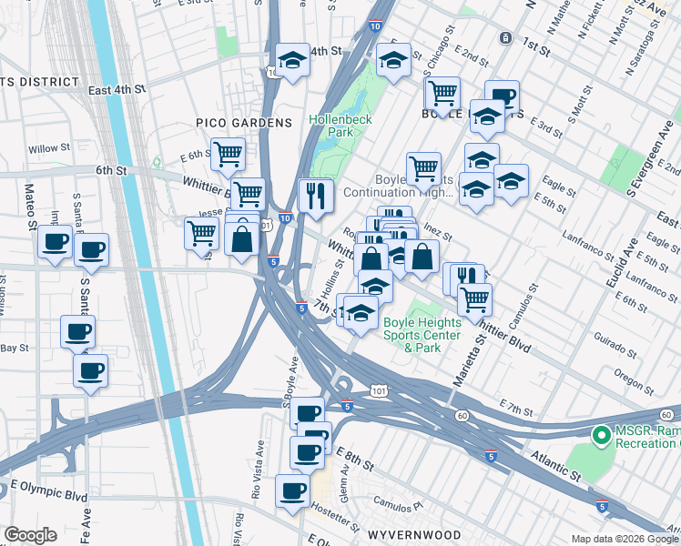 map of restaurants, bars, coffee shops, grocery stores, and more near 909 Hollins Street in Los Angeles