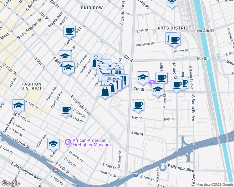 map of restaurants, bars, coffee shops, grocery stores, and more near 767 Alameda Street in Los Angeles