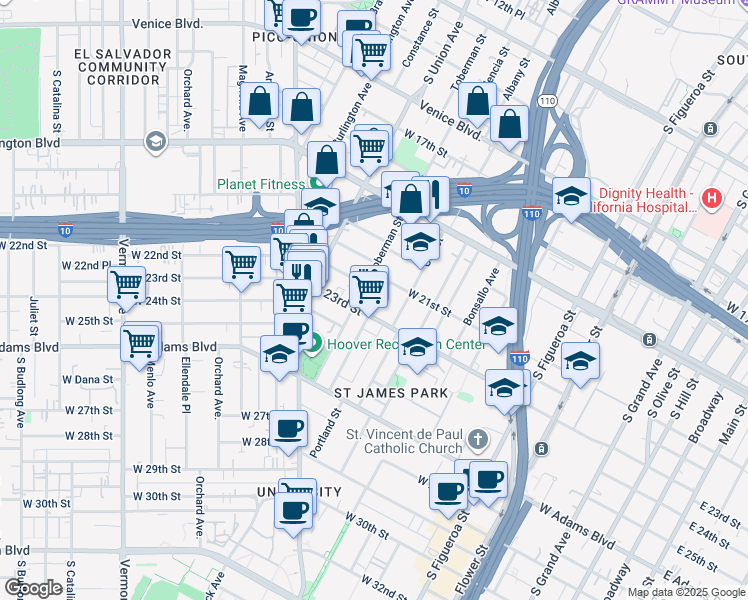 map of restaurants, bars, coffee shops, grocery stores, and more near 2112 Toberman Street in Los Angeles