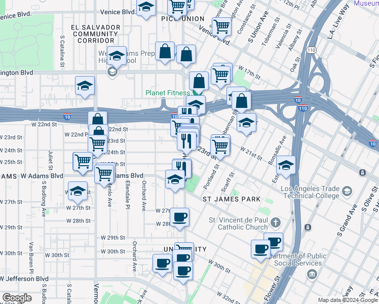 map of restaurants, bars, coffee shops, grocery stores, and more near 2313 Hoover Street in Los Angeles