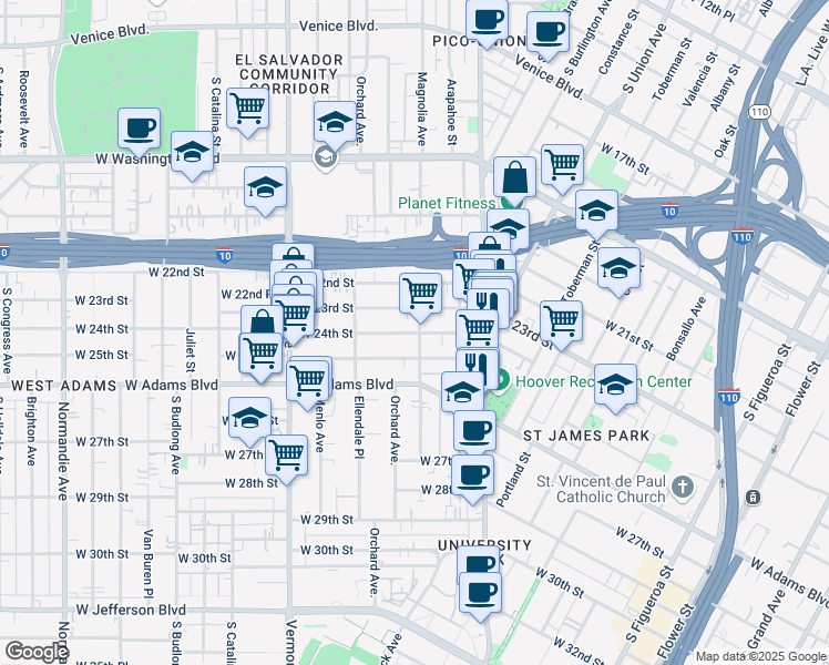 map of restaurants, bars, coffee shops, grocery stores, and more near 1314 West 23rd Street in Los Angeles
