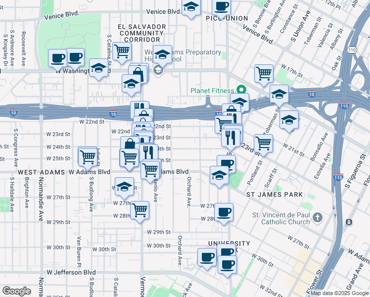 map of restaurants, bars, coffee shops, grocery stores, and more near 1378 West 23rd Street in Los Angeles