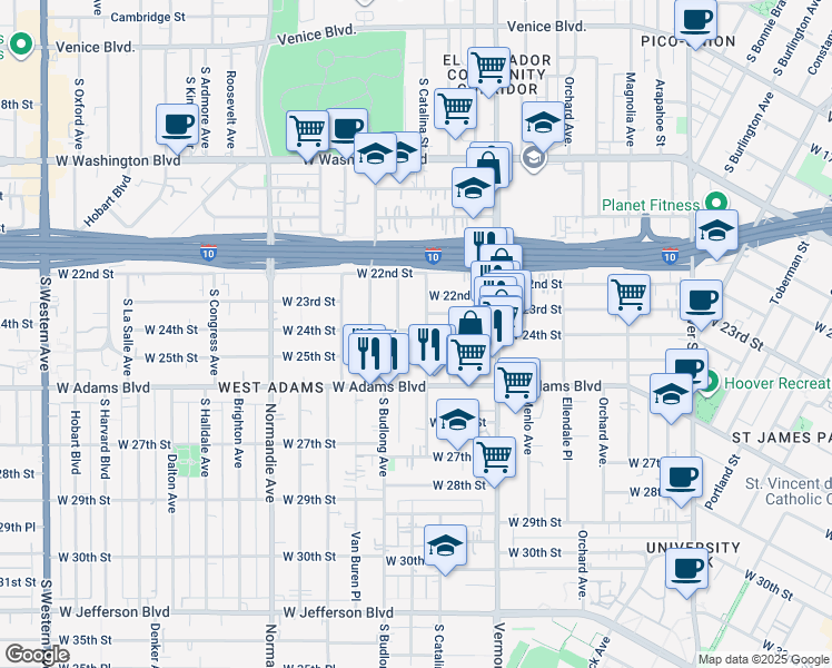 map of restaurants, bars, coffee shops, grocery stores, and more near 2315 1/2 South Catalina Street in Los Angeles