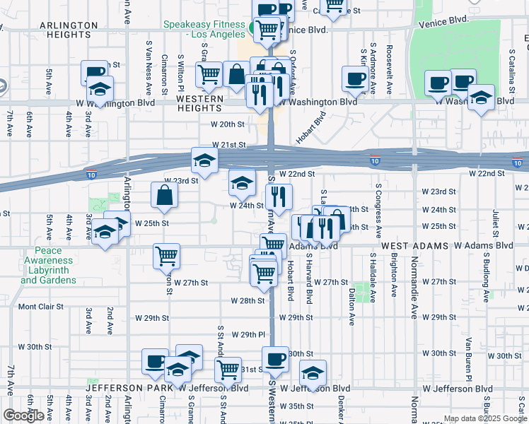 map of restaurants, bars, coffee shops, grocery stores, and more near 2231 South Western Avenue in Los Angeles