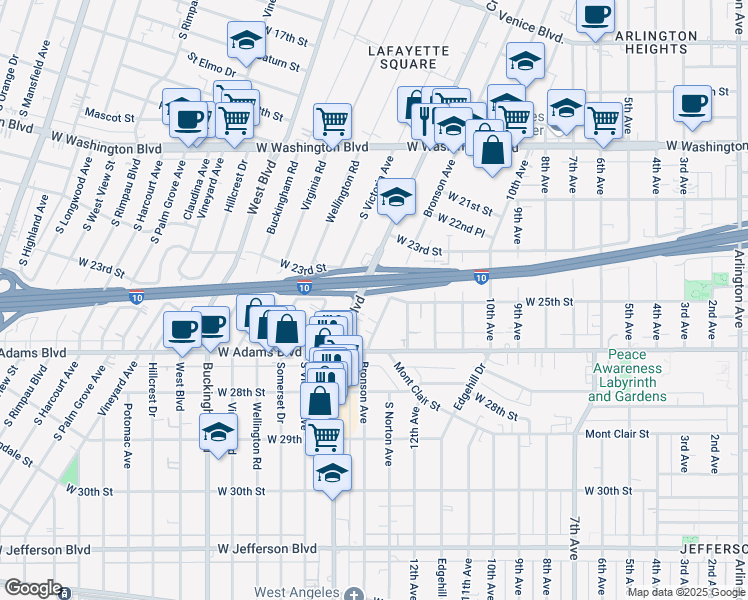map of restaurants, bars, coffee shops, grocery stores, and more near 2348 Crenshaw Boulevard in Los Angeles