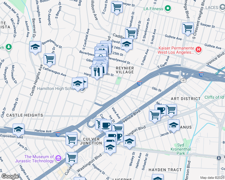 map of restaurants, bars, coffee shops, grocery stores, and more near 8912 Hargis Street in Los Angeles