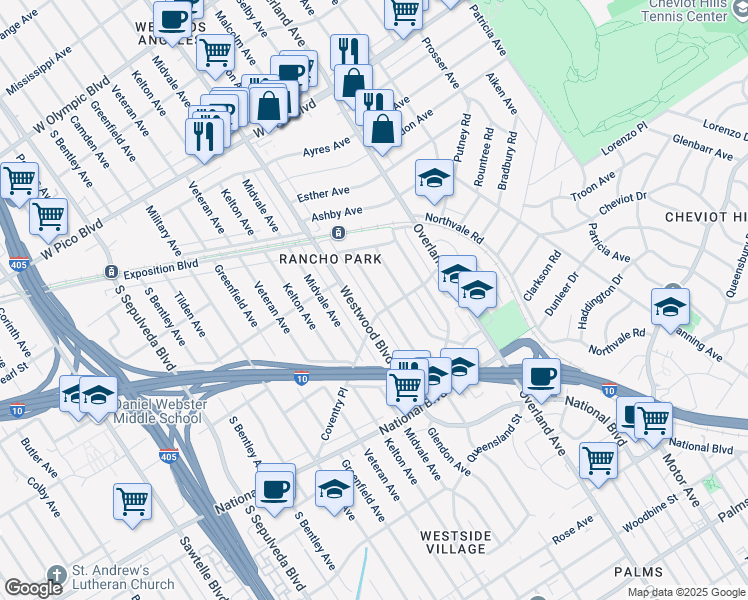 map of restaurants, bars, coffee shops, grocery stores, and more near 2713 Glendon Avenue in Los Angeles