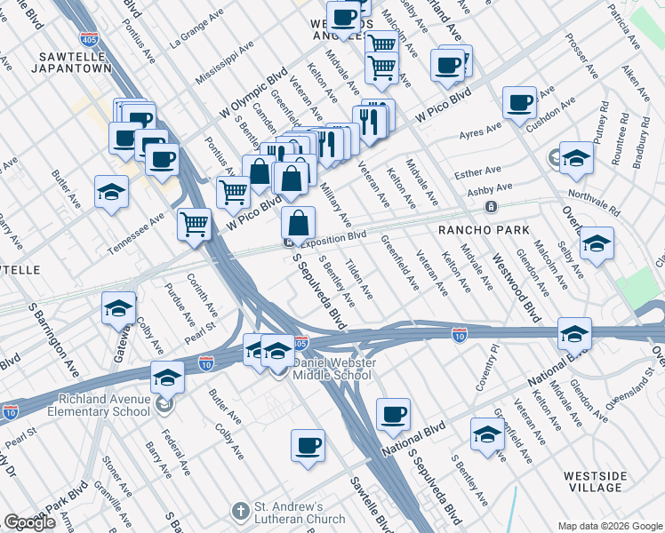 map of restaurants, bars, coffee shops, grocery stores, and more near 2522 South Bentley Avenue in Los Angeles