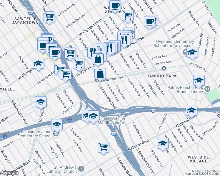 map of restaurants, bars, coffee shops, grocery stores, and more near 2522 South Bentley Avenue in Los Angeles