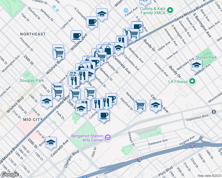 map of restaurants, bars, coffee shops, grocery stores, and more near 1507 Stanford Street in Santa Monica