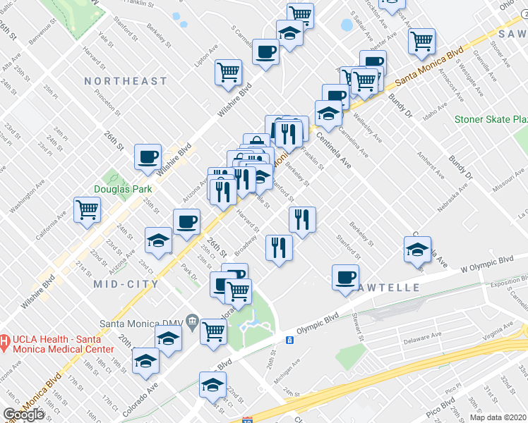 map of restaurants, bars, coffee shops, grocery stores, and more near 1437C Yale Street in Santa Monica