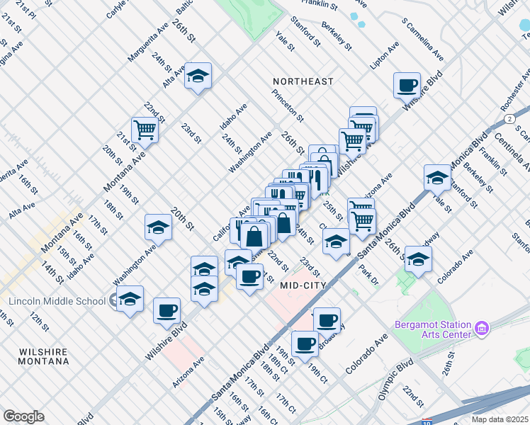 map of restaurants, bars, coffee shops, grocery stores, and more near 2312 California Avenue in Santa Monica