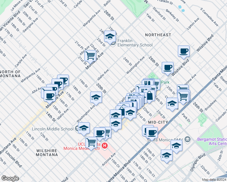 map of restaurants, bars, coffee shops, grocery stores, and more near 2112 Washington Avenue in Santa Monica