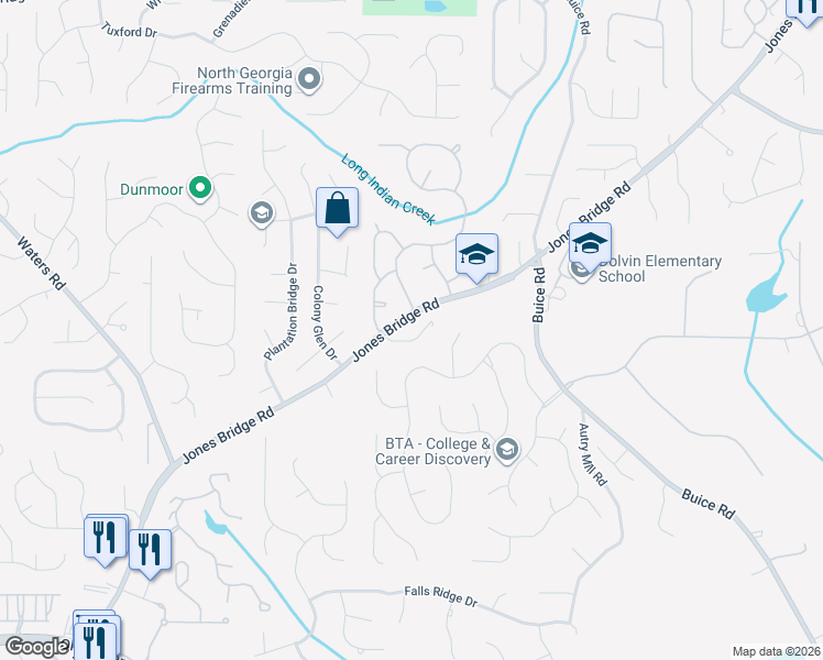 map of restaurants, bars, coffee shops, grocery stores, and more near 10305 Meadow Crest Lane in Alpharetta