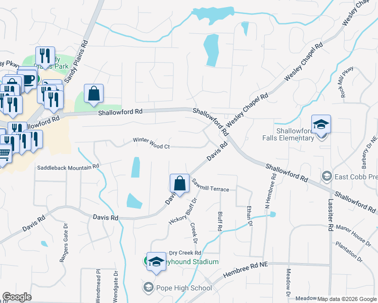 map of restaurants, bars, coffee shops, grocery stores, and more near 3470 Winter Wood Court in Marietta