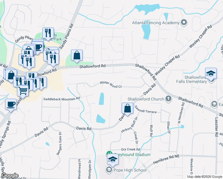 map of restaurants, bars, coffee shops, grocery stores, and more near 3401 Winter Wood Court in Marietta