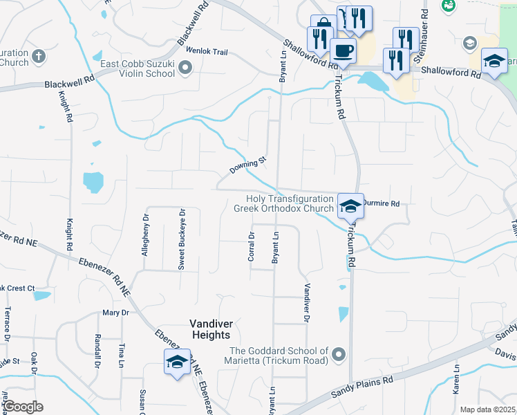 map of restaurants, bars, coffee shops, grocery stores, and more near 3440 Corral Drive in Marietta