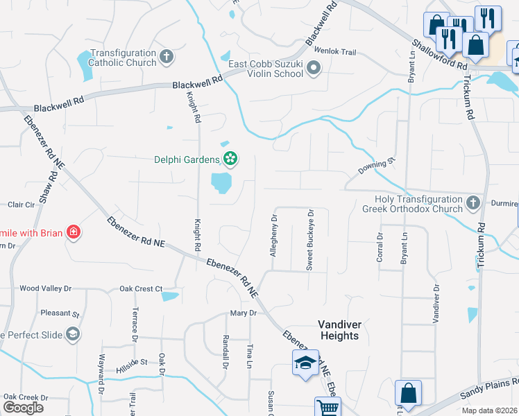 map of restaurants, bars, coffee shops, grocery stores, and more near 3363 Ebenezer Farm Road Northeast in Marietta