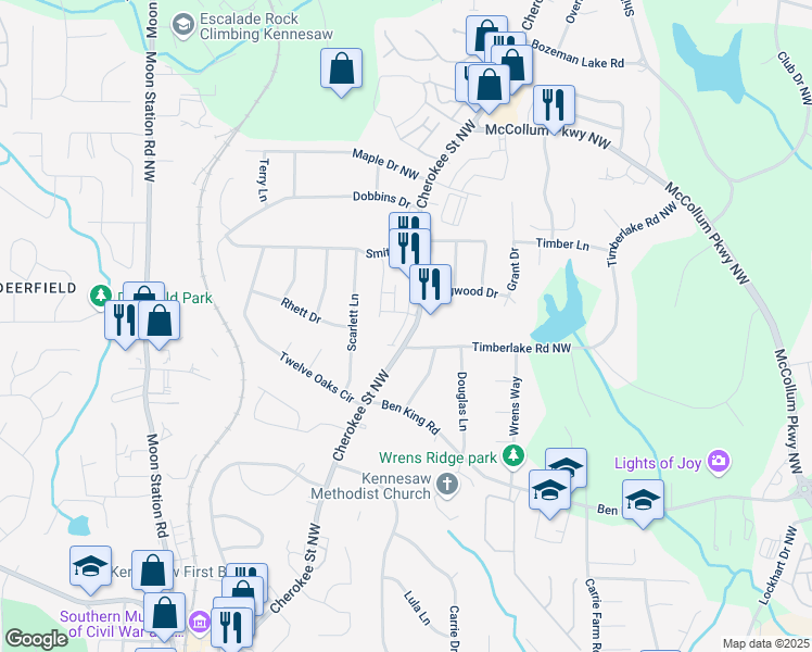 map of restaurants, bars, coffee shops, grocery stores, and more near 3322 Cranston Lane in Kennesaw