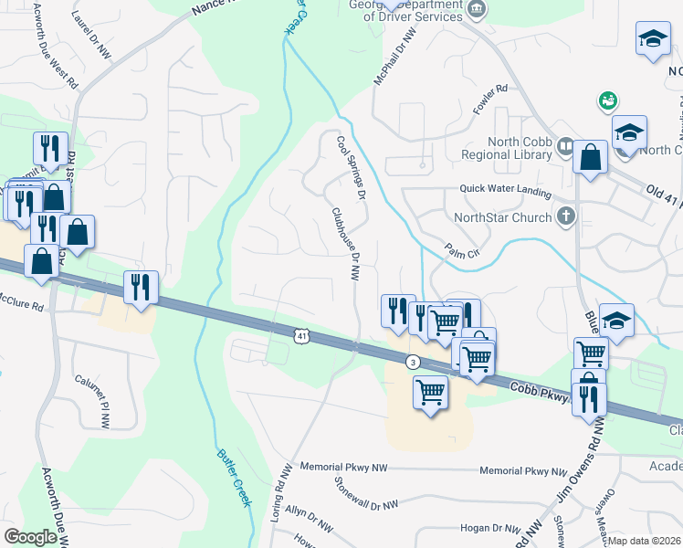 map of restaurants, bars, coffee shops, grocery stores, and more near 401 2 Iron Trail Northwest in Kennesaw