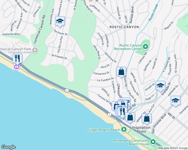 map of restaurants, bars, coffee shops, grocery stores, and more near 14972 Camarosa Drive in Los Angeles