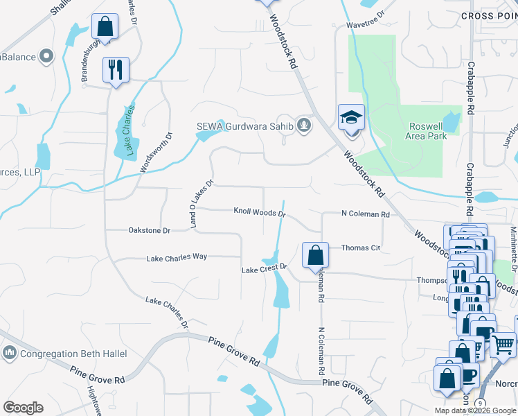 map of restaurants, bars, coffee shops, grocery stores, and more near 1300 Knoll Woods Court in Roswell